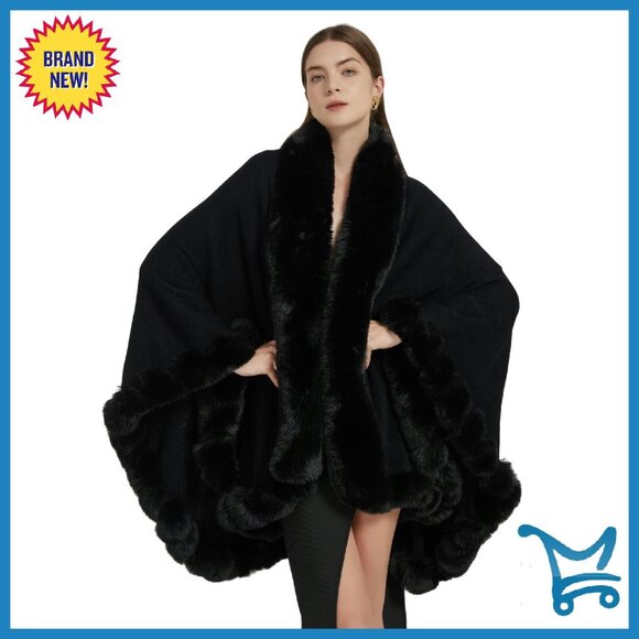 Faux Fox Fur Trim Cardigan Cloak Shawl Winter Poncho Oversized Cape